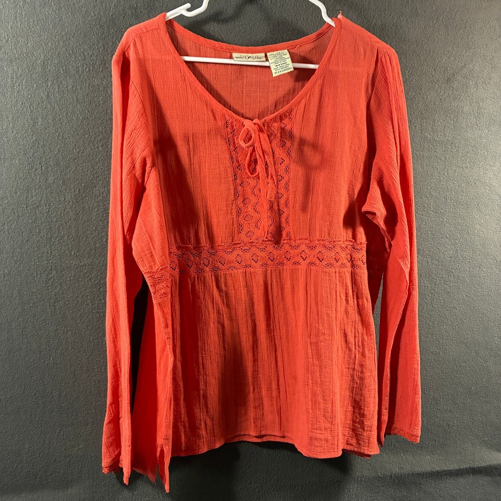 vtg women babydoll peasant top large Coral Cotton Gauze Lace Crochet boho